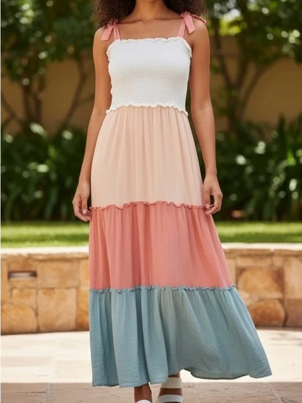 Tiered Colorblock Maxi Skirt Dress with Tie Straps White, Peach, Coral & Blue S